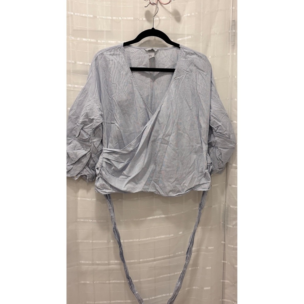 HM Blue White Striped Wrap Blouse Puff Sleeve Cotton Top Womens Size 14